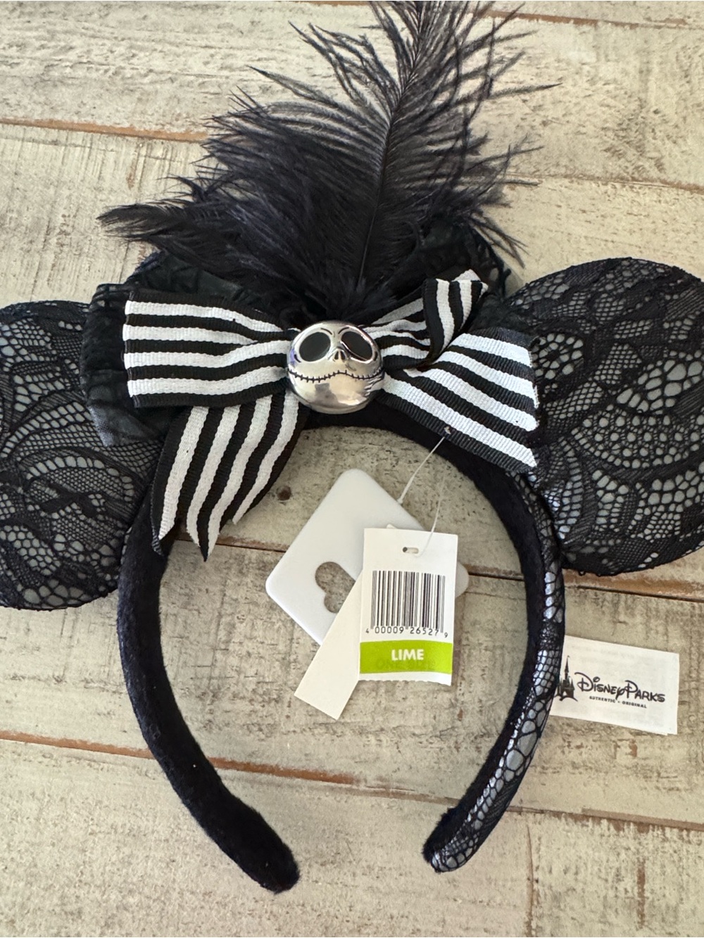 Disney Black Lace Minnie Ears Headband with Striped Bow & Jack Skellington Charm